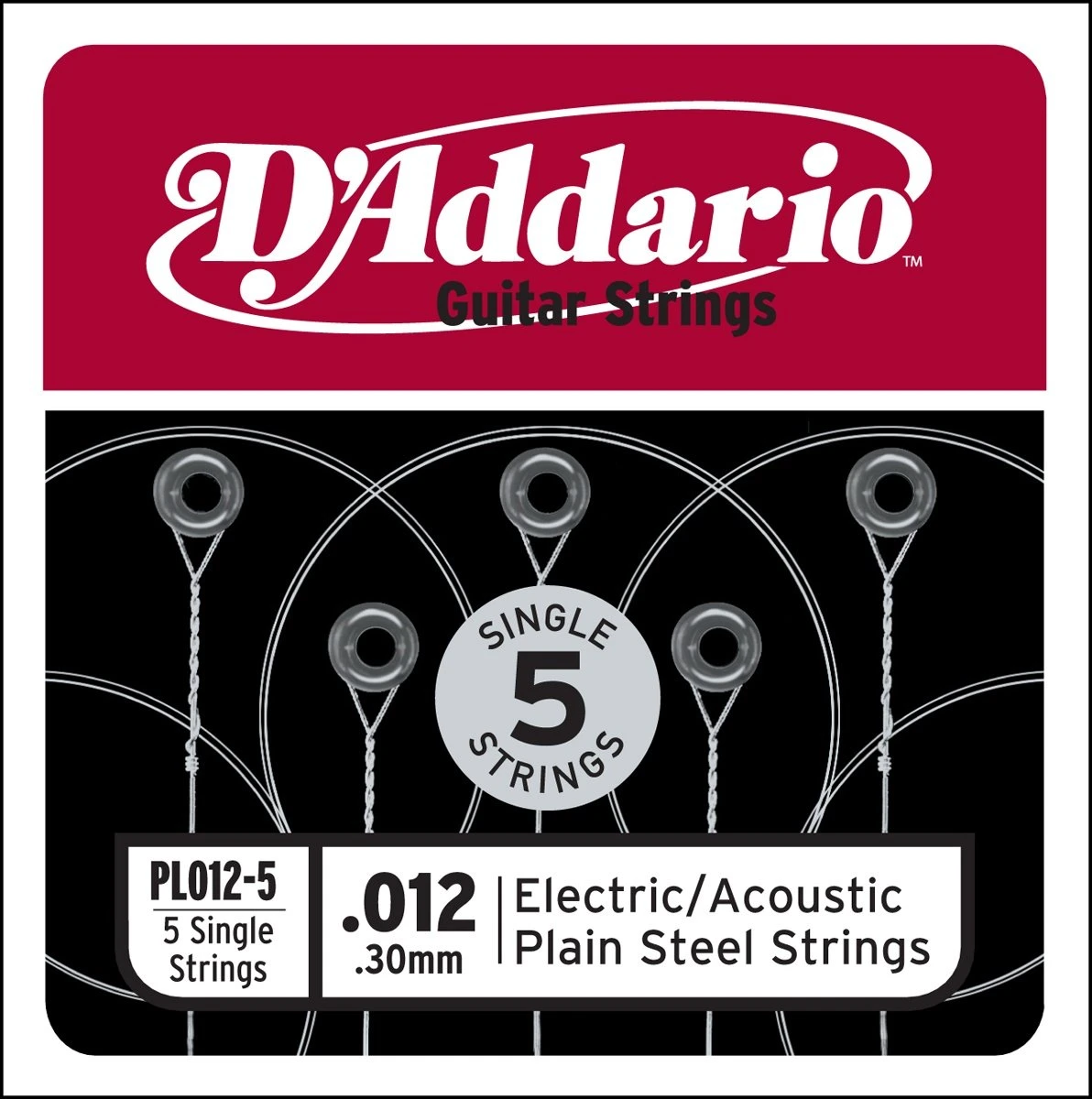 D'Addario PL012-5 Plain Steel Guitar Single Strings 0.012 Gauge 5-Pack