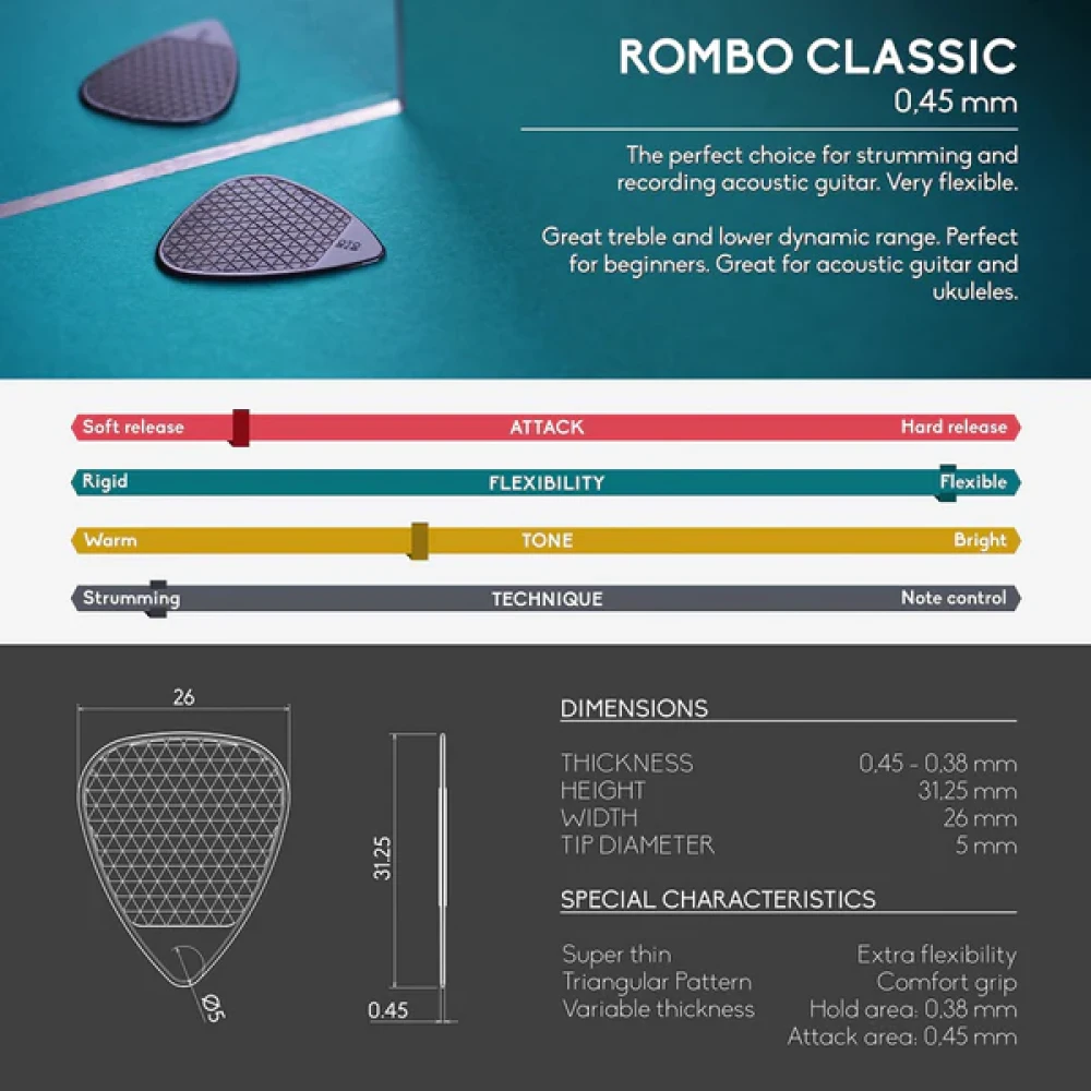 Rombo Picks Classic Mixed Colors Set (4 Guitar Picks) .45mm