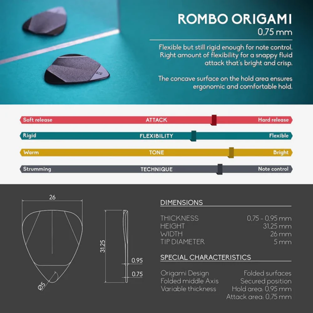 Rombo Picks Origami Mixed Colors Set (4 Guitar Picks) .75mm