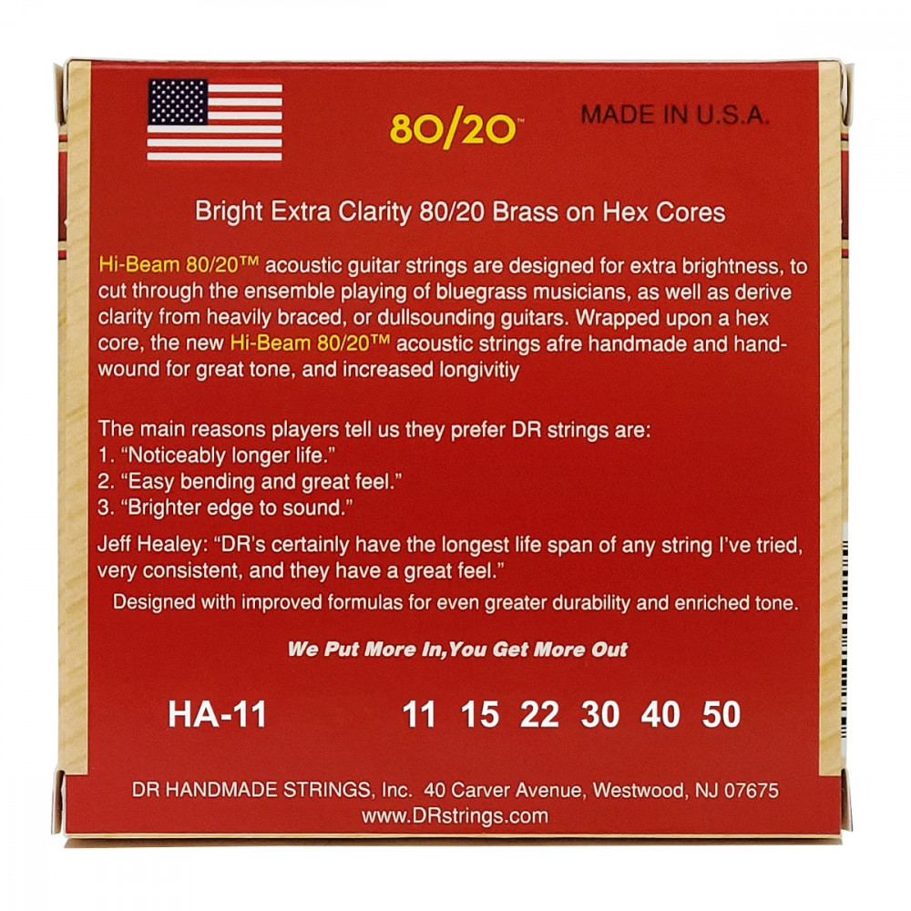 DR HA-11 Hi-Beams 80/20 brass acoustic guitar strings Custom Light .011-.050 - Set 3