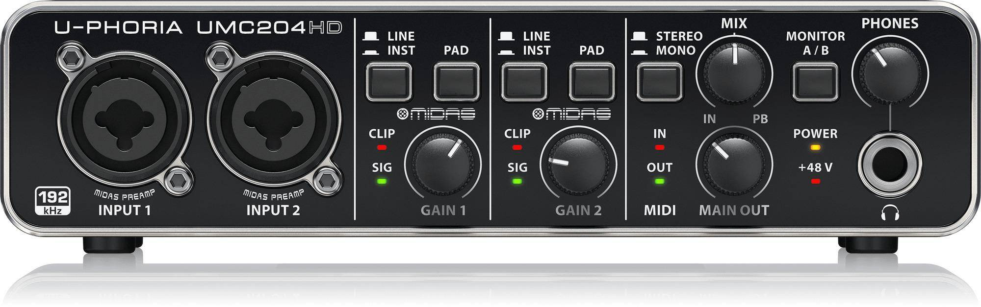 Behringer U-Phoria UMC204HD Audiophile 2×4, 24-Bit/192 kHz USB Audio/MIDI Interface with Midas Mic Preamplifiers