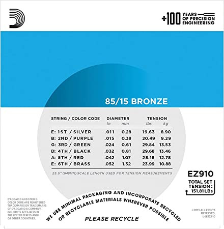D'Addario Bronze EZ910 85/15 Acoustic Guitar Strings
